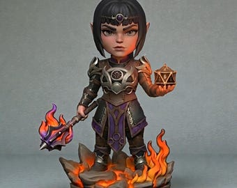 May include: A fantasy figurine of a female warrior with dark armor, purple accents, and a flaming staff. She stands on a base with flames and holds a gold-colored, multi-sided die. The figurine has a stern expression and is set against a neutral background.