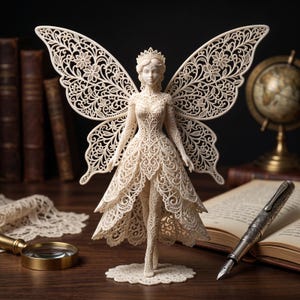 May include: An off-white figurine of a standing figure with large, intricate, lace-like wings and a detailed gown. The entire structure features a delicate, openwork filigree pattern resembling floral motifs, with the figure wearing a crown.