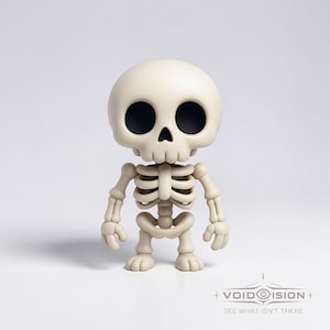 May include: A beige-colored skeleton figurine with large black eye sockets. The figure has a rounded skull, rib cage, arms, and legs. The figurine is standing upright. The text "+ VOIDOISION + SEE WHAT ISN'T THERE" is at the bottom.