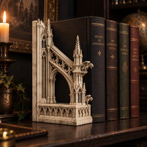 Op de afbeelding: Een crèmekleurige boekensteun met gedetailleerde gotische architecturale elementen, waaronder spitsbogen, hoge torens en twee kleine waterspuwerfiguren op de structuur. De boekensteun staat naast een rij van vier boeken met harde kaft.