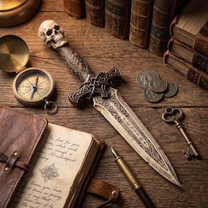 May include: A decorative dagger featuring a human skull pommel, an intricate bronze-toned hilt with Celtic-inspired knotwork, and a blade engraved with runic symbols. The dagger is displayed alongside a brass compass, a metal key, and a fountain pen.