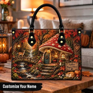 Personalized Mushroom Cottage Leather Handbag, Custom Name Fairy Forest Purse, Magical Autumn Home Bag, Cottagecore Gift for Her or Mom