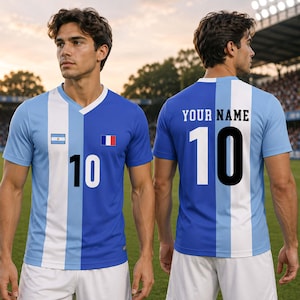 May include: A blue and white football shirt featuring a vertical stripe design, the number 10 in black, and the flags of Argentina and France on the chest. The back of the shirt displays the text YOUR NAME above the large black number 10.