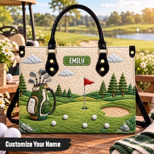 Personalized Golf Leather Handbag, Custom Name Golf Purse for Women, Golf Lover Tote Bag, Cute Golfer Gift, Golf Course Shoulder Bag