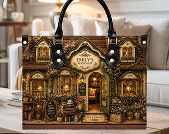 Personalized Bookshop Leather Handbag, Custom Bookstore Purse, Book Lover Gift for Women, Cozy Library Tote Bag, Librarian Reader Gift