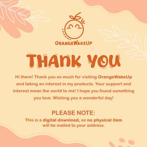 OrangeWakeUp thank you graphic with smiling orange logo, pastel leaves background, and digital download notice, friendly customer appreciation design.
