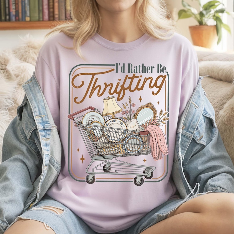 A vintage-inspired digital PNG design featuring a retro shopping cart filled with antique treasures like porcelain plates, a gold mirror, and a lamp. Above the cart, the text 'I'd Rather Be Thrifting' is written in a stylish brown script. The design has a muted, boho color palette and a transparent background, perfect for t-shirt sublimation and crafting.
