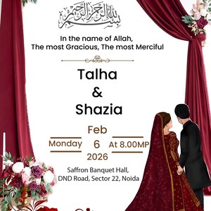 May include: Wedding invitation with burgundy draping and floral accents. The invitation features the names "Talha & Shazia", date, time, and location. The design includes an illustration of a couple.