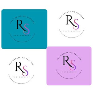 May include: Four square graphics with the text "YOU CREATE WE CAPTURE PHOTOGRAPHY". Each graphic features the letters "RS" in a stylized font. The background colors are teal, white, and lavender.