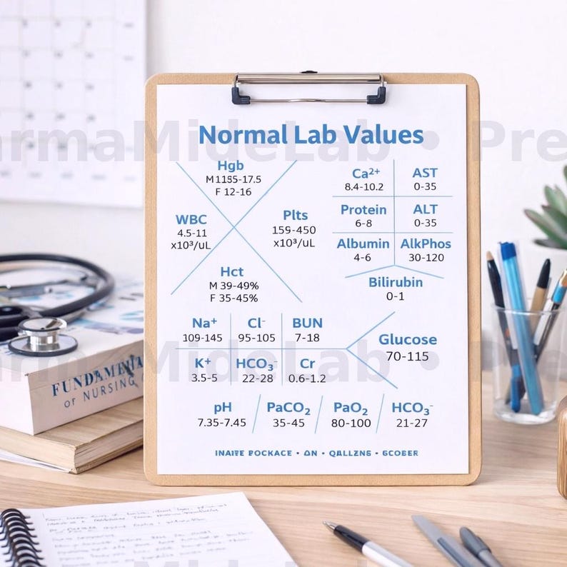 May include: A clipboard with a medical chart titled "Normal Lab Values." The chart details blood test results like Hgb, WBC, and Glucose, alongside their normal ranges. A stethoscope and books are in the background, with measurements in metric units.
