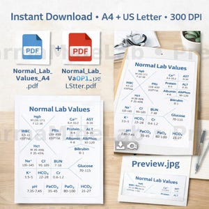 May include: Digital download of medical lab value charts in PDF format. Includes A4 and US Letter sizes, 300 DPI. The image shows several charts with normal lab values, including Hgb, WBC, and Glucose.