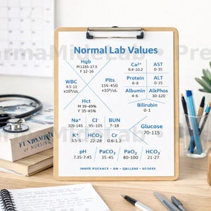 May include: A clipboard displaying a medical chart titled "Normal Lab Values". The chart presents data for various blood tests, including Hgb, WBC, Hct, Na+, K+, pH, Ca2+, Plts, Protein, Albumin, Bilirubin, Cl, BUN, Cr, PaCO2, PaO2, and HCO3.