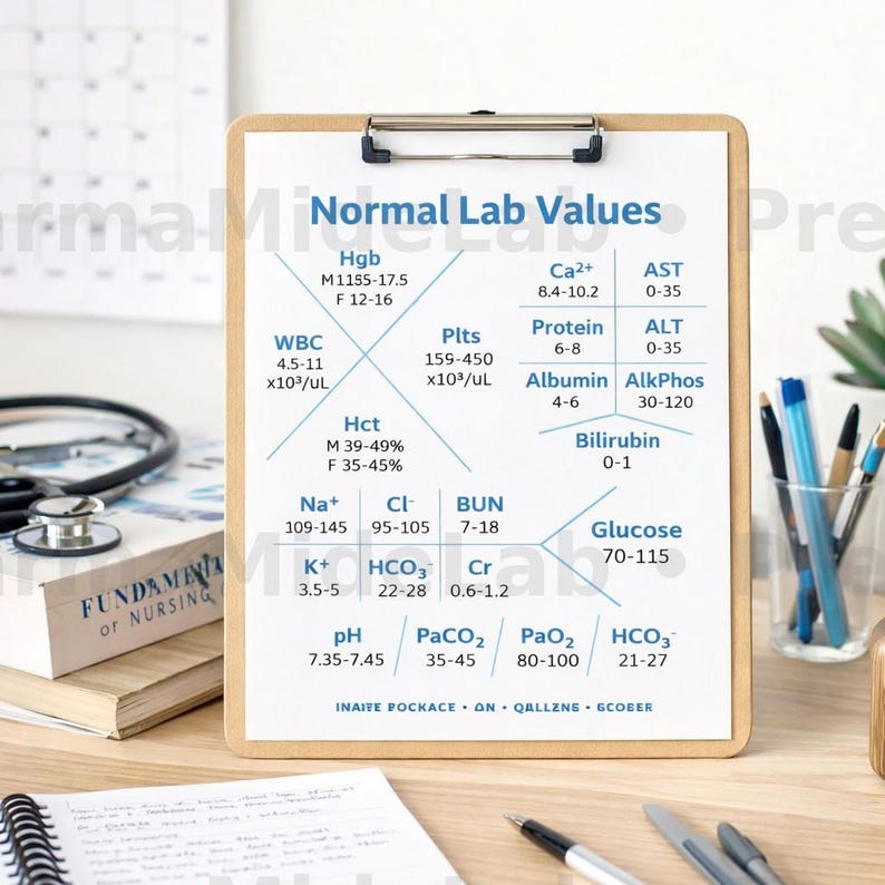 May include: A clipboard displaying a medical chart titled "Normal Lab Values". The chart presents data for various blood tests, including Hgb, WBC, Hct, Na+, K+, pH, Ca2+, Plts, Protein, Albumin, Bilirubin, Cl, BUN, Cr, PaCO2, PaO2, and HCO3.
