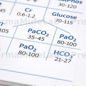 May include: Close-up of a white paper with medical data printed in black and blue. The text includes abbreviations like PaCO2, PaO2, and HCO3-, along with numerical ranges. The image is a reference for medical professionals.