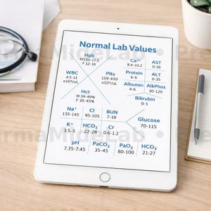 May include: A white tablet showing "Normal Lab Values" with medical data, including WBC, Hgb, and Glucose levels. The tablet is on a light wood surface, with a pen and notepad to the right and glasses and a book to the left.