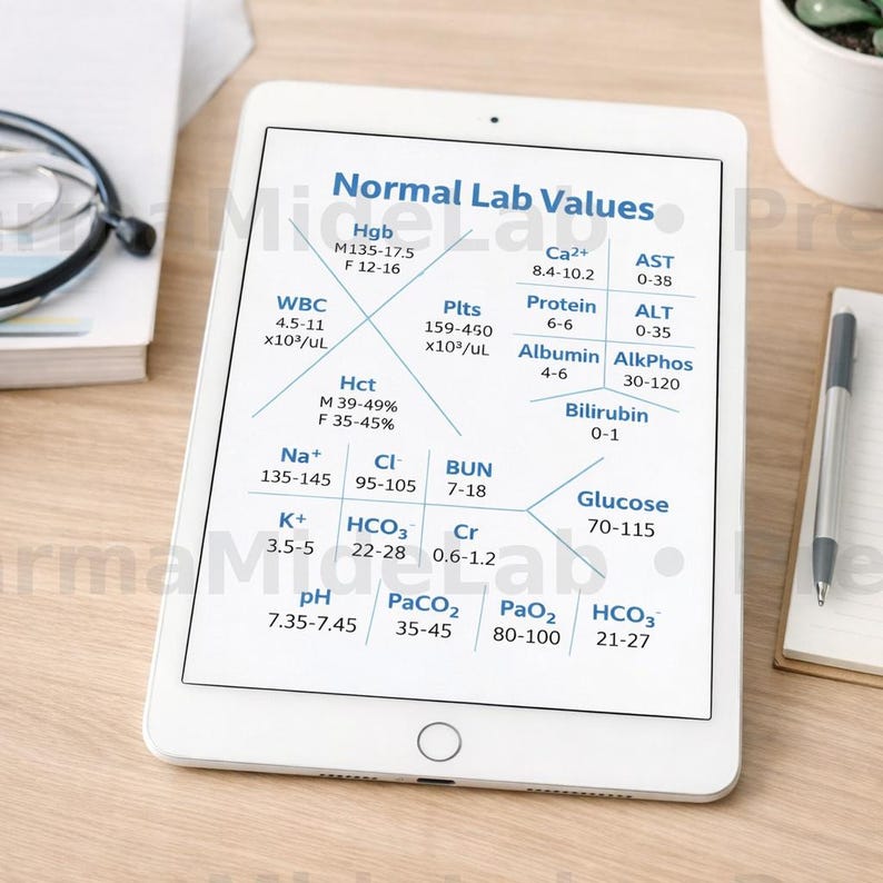 May include: A white tablet showing "Normal Lab Values" with medical data, including WBC, Hgb, and Glucose levels. The tablet is on a light wood surface, with a pen and notepad to the right and glasses and a book to the left.