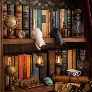 May include: Two cat figurines, one white and one black, perched on a bookshelf edge. Each cat holds a small, dark-colored lantern with a warm, glowing light suspended from its tail. The figurines are positioned among various hardcover books.