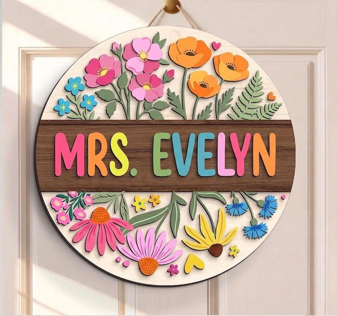 Personalized 3D Floral Teacher Name Sign, Round Wood Classroom Door ...