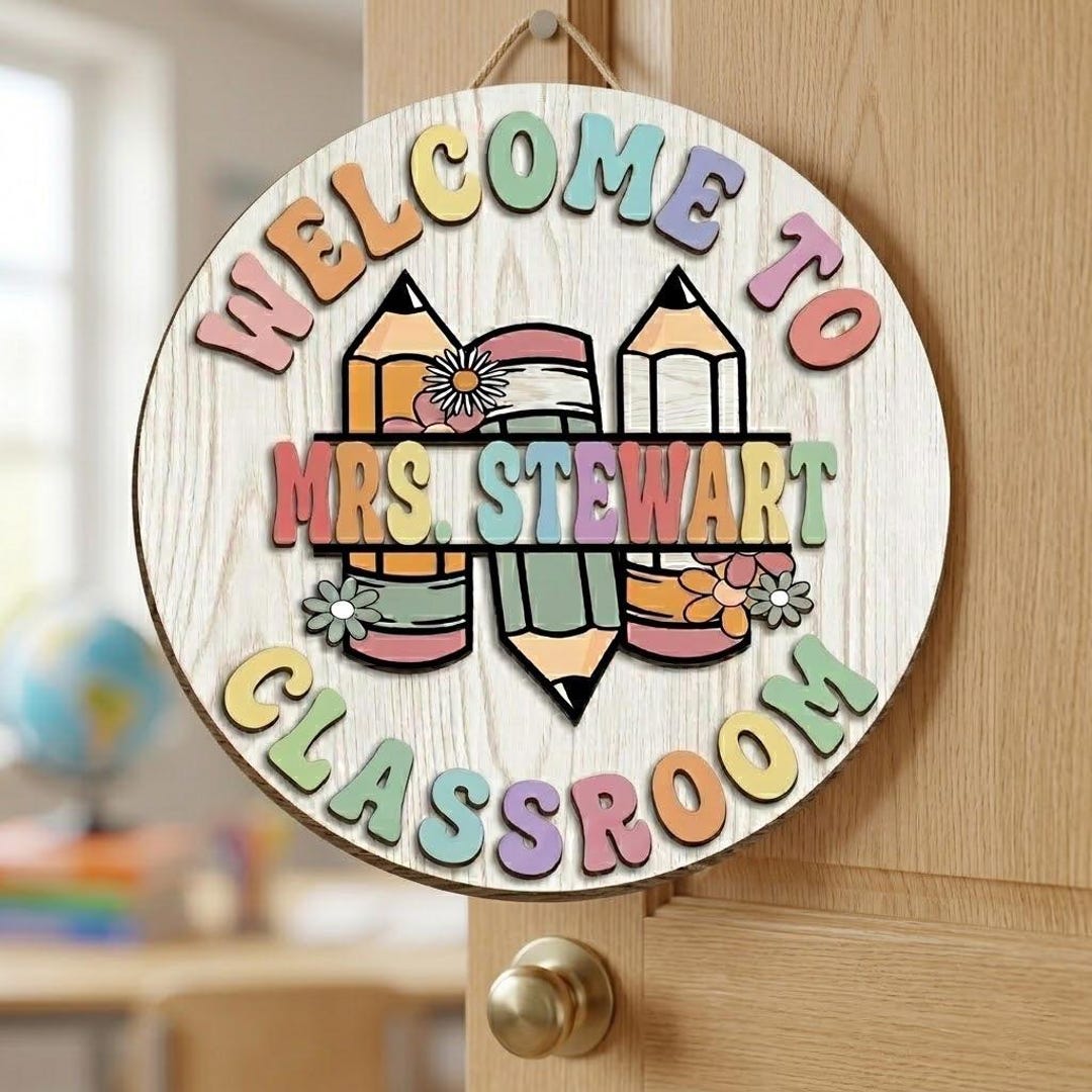 Personalized Welcome to Classroom Sign: Round Pencil Floral Wood ...