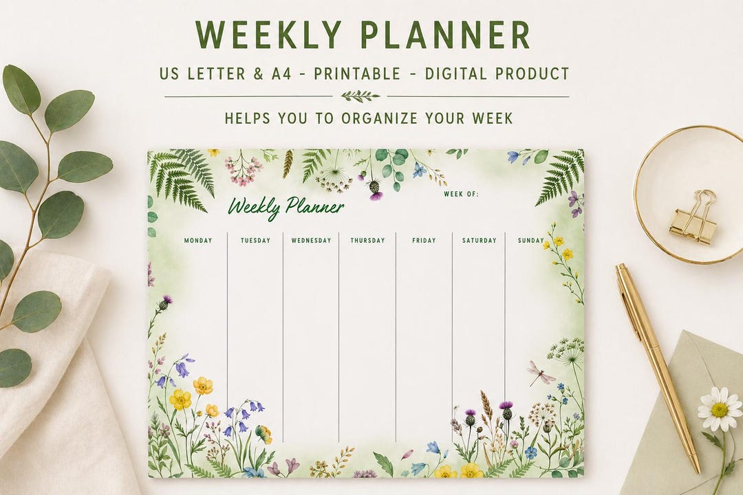 Printable Weekly Wildflower Planner, Watercolor Botanical Art, Planner ...