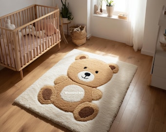 Cute Teddy Bear Rug | Hand Tufted Wool Nursery Kids Room, Baby Room Carpet