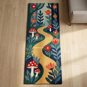 Forest Path Runner Rug | Mushroom Floral Hallway Nature Inspired Tufted Carpet