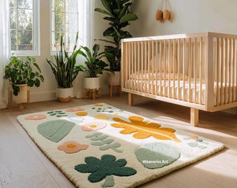 Geometric  Rectangle Rug | Green, Beige Modern Wool Rug for Living Room & Bedroom Decor
