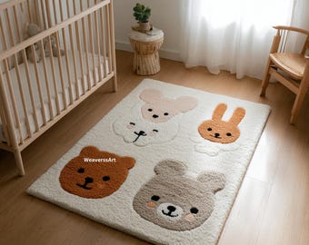 Hand Tufted Wool Kids Rug | Animal Faces Nursery Decor