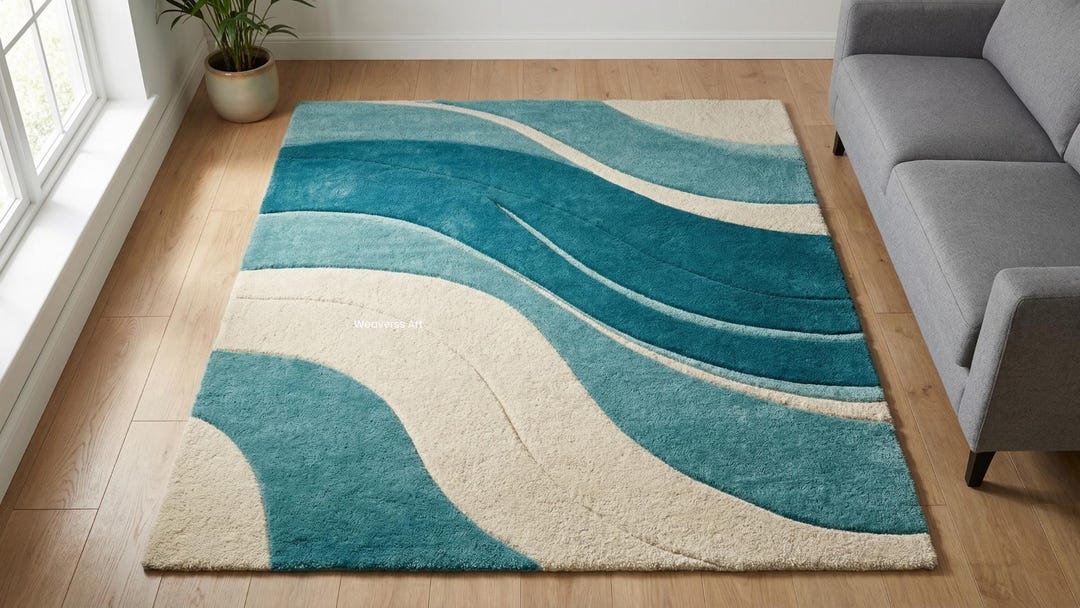 Teal Blue Abstract Wave Rug | Modern Tufted Wool Ocean Inspired Living ...