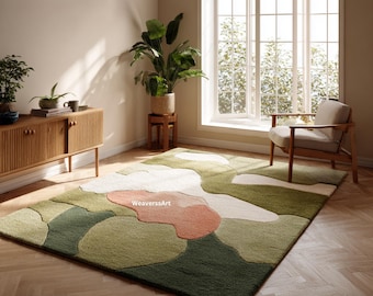 Abstract Wool Area Rug | Green, Sage, and Terracotta
