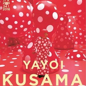 May include: Poster for the Louisiana Museum of Modern Art, showcasing Yayoi Kusama's art. The red background is adorned with white polka dots and large, bulbous forms. The text "LOUISIANA" and "YAYOI KUSAMA" are in yellow.