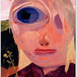 May include: A poster featuring a painting by Dana Schutz. The artwork shows a person with a large blue eye, holding a flower. The color palette includes pink, peach, and purple tones. The text "DANA SCHUTZ" and "LOUISIANA" are at the bottom.