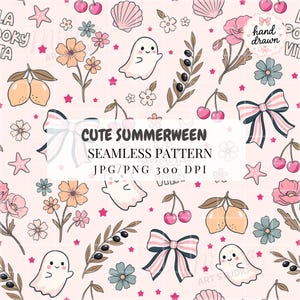 Può includere: Un motivo senza cuciture su sfondo rosa chiaro con illustrazioni di fantasmi bianchi, ciliegie rosa, conchiglie, fiori arancioni, fiori blu, rami di ulivo e fiocchi a righe. Il testo recita CUTE SUMMERWEEN SEAMLESS PATTERN JPG/PNG 300 DPI.