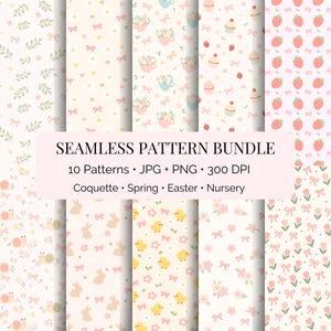 Op de afbeelding: Een naadloze patroonbundel met tien unieke ontwerpen. De patronen bevatten bloemen-, strik- en fruitmotieven in zachte pastelkleuren. De tekst luidt "SEAMLESS PATTERN BUNDLE" en vermeldt "Coquette, Spring, Easter, Nursery".