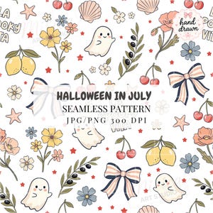 May include: A seamless pattern featuring white ghosts, yellow lemons, red cherries, pink seashells, blue flowers, striped bows, and olive branches on a white background with the text HALLOWEEN IN JULY SEAMLESS PATTERN JPG/PNG 300 DPI centered.