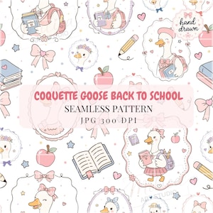 Coquette Goose Ramar Tillbaka till skolan Seamless Mönster Girly Rosett Böcker Anteckningsbok Preppy Handritat Digitalt Papper för Tyg Sublimering