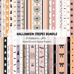 Puede incluir: Una colección de papel digital titulada HALLOWEEN STRIPES BUNDLE 6 Patterns JPG Hand Drawn Digital Papers. La imagen muestra varios patrones de rayas verticales con motivos de fantasmas, gatos negros, calabazas, murciélagos, arañas, telarañas, lazos y dulces.