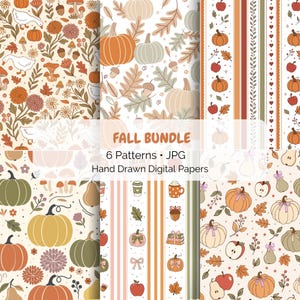 Peut inclure: Un ensemble de papiers numériques avec six motifs automnaux incluant citrouilles, oies, champignons, pommes, poires, glands et feuilles en orange, vert et crème. Le texte indique FALL BUNDLE 6 Patterns JPG Hand Drawn Digital Papers.
