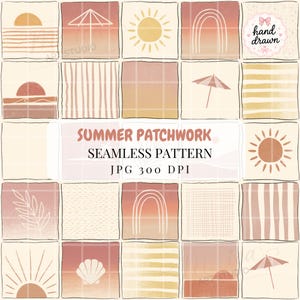 May include: A digital seamless pattern featuring a patchwork grid of summer-themed illustrations in shades of terracotta, cream, and gold. Icons include suns, rainbows, beach umbrellas, shells, and palm leaves. Text reads: SUMMER PATCHWORK SEAMLESS PATTERN JPG 300 DPI.
