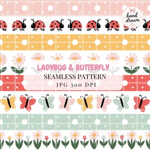 Pode incluir: Um padrão digital sem costuras com filas horizontais de joaninhas, borboletas e flores sobre fundos pastel com bolinhas. O texto diz LADYBUG & BUTTERFLY SEAMLESS PATTERN JPG 300 DPI e hand drawn numa etiqueta decorativa.