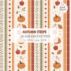 Autumn Stripe Seamless Pattern Fall Apples Pumpkins and Hearts Digital Paper Folk Inspired Fall Fabric Design JPG Download