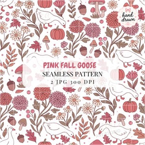 May include: A seamless pattern featuring white geese, pink pumpkins, brown acorns, mushrooms, and various flowers in shades of pink and brown on a white background. The text reads PINK FALL GOOSE SEAMLESS PATTERN 2 JPG 300 DPI and hand drawn.