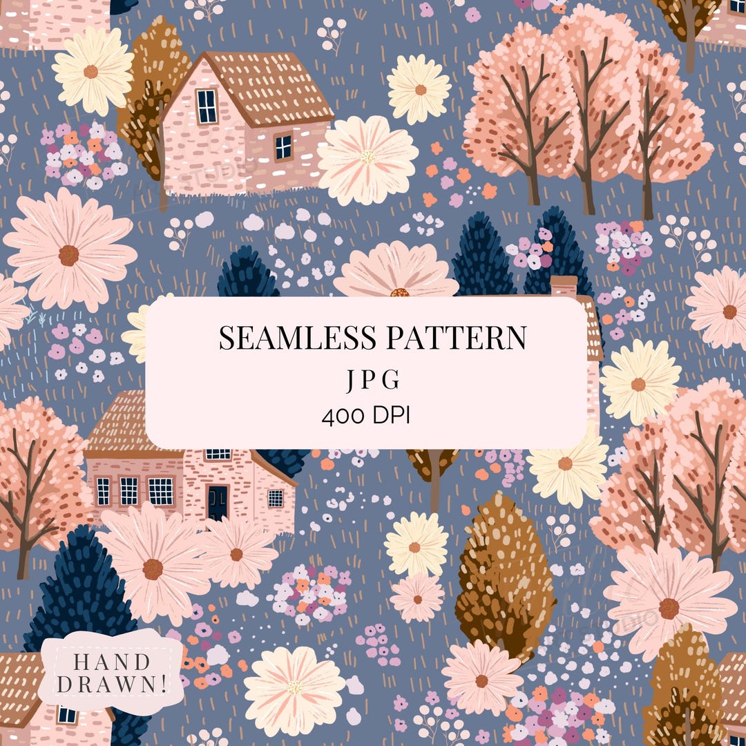 Cottagecore Floral Village Seamless Pattern Spring House Digital Paper ...