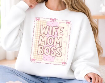 Wife Mom Boss PNG Coquette Mothers Day Shirt Design Trendy Mama Preppy Bow Design Sublimation Mom Graphic Tee Retro Mama