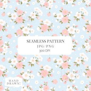Op de afbeelding: Naadloos patroon met roze en witte bloemenboeketten op een lichtblauwe achtergrond met kleine witte stippen. De tekst "SEAMLESS PATTERN JPG/PNG 300 DPI" wordt weergegeven in een witte rechthoek. De woorden "HAND DRAWN!" zijn ook zichtbaar.