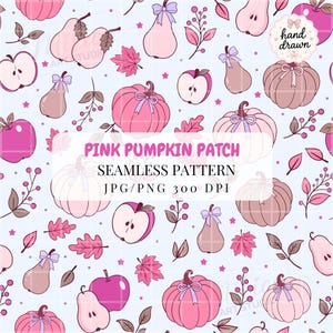 May include: A seamless pattern featuring pink pumpkins, pears, and apples on a light blue background. The design includes small leaves, berries, and stars. Text reads: PINK PUMPKIN PATCH SEAMLESS PATTERN JPG/PNG 300 DPI and hand drawn.