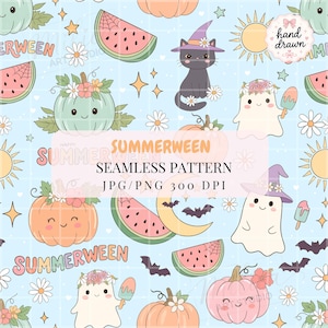May include: A light blue seamless pattern featuring pumpkins, watermelons, ghosts, bats, and a black cat wearing a witch hat. The text "SUMMERWEEN" is displayed throughout the design, along with the words "SEAMLESS PATTERN" and "JPG/PNG 300 DPI".