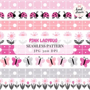 Può includere: Un motivo digitale senza cuciture con file orizzontali di coccinelle rosa, pois rosa chiaro, fiori rosa con steli grigi e farfalle rosa e grigie. Il testo recita PINK LADYBUG SEAMLESS PATTERN JPG 300 DPI e hand drawn.