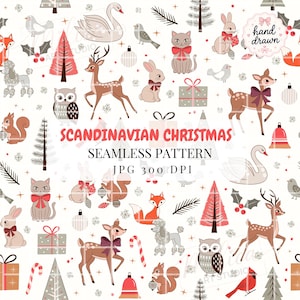 Peut inclure: Un motif répétitif illustrant des cerfs, lapins, chats, hiboux, écureuils, cygnes, renards et caniches avec des sapins, cadeaux et boules de Noël. Le texte indique SCANDINAVIAN CHRISTMAS SEAMLESS PATTERN JPG 300 DPI.