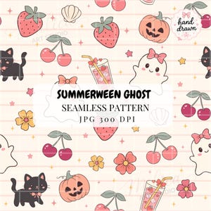 May include: A seamless pattern featuring cartoon illustrations of ghosts with pink bows, black cats, strawberries, cherries, jack-o'-lanterns, flowers, seashells, and drinks with straws on a grid background. Text reads SUMMERWEEN GHOST SEAMLESS PATTERN JPG 300 DPI.